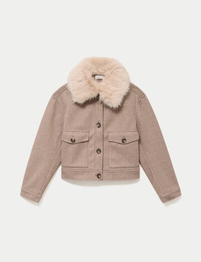 Blouson col fausse fourrure taupe femme