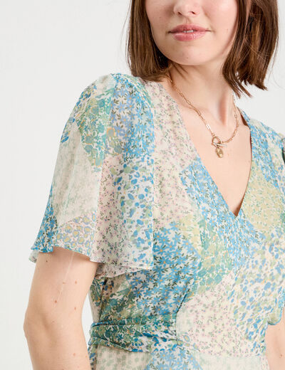 Robe midi évasée col en V bleu pastel femme