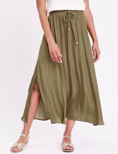 Jupe longue évasée satin vert kaki femme