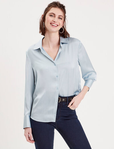 Chemise manches longues satin bleu clair femme