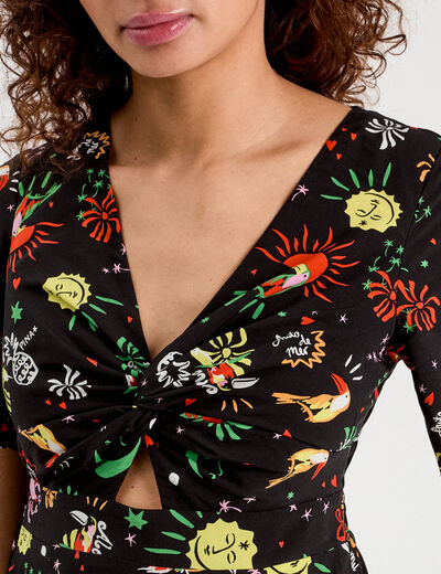 Robe longue évasée col twisté noir femme