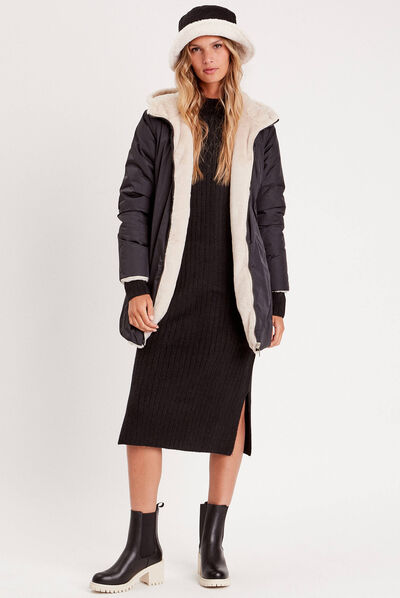 Robe longue droite côtelée noir femme
