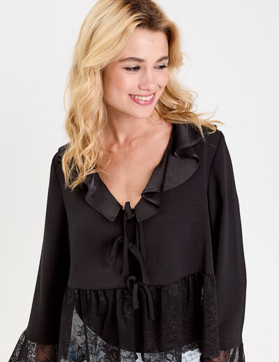 Blouse col V en dentelle noir femme