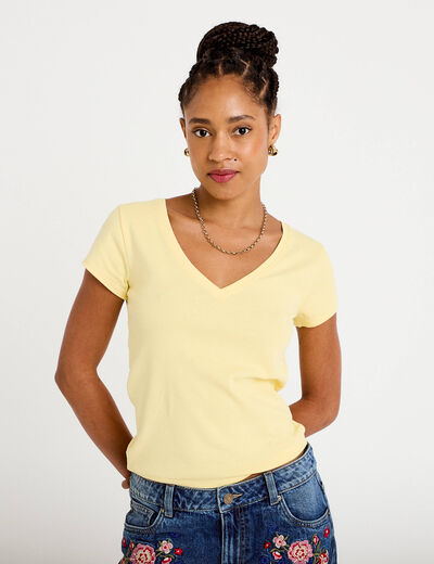 T-shirt ajust&eacute; col v manches courtes jaune clair femme