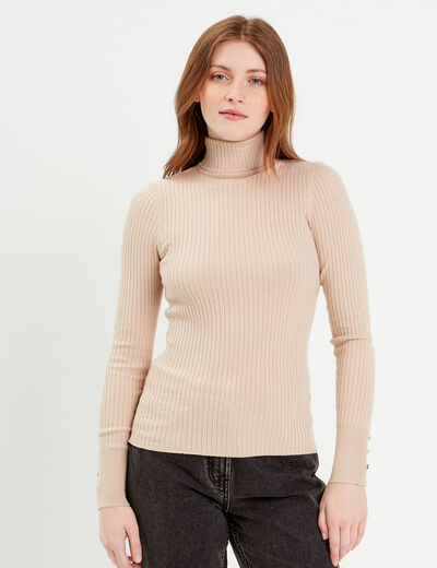 Pull col roulé côtelé sable femme