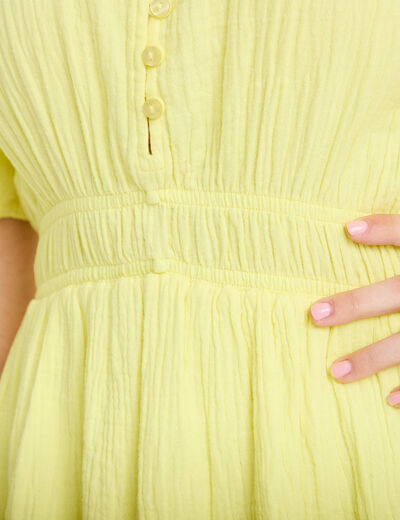 Robe midi pliss&eacute;e col v manches courtes jaune citron femme