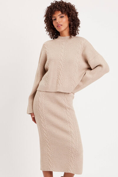 Pull col montant torsades beige femme