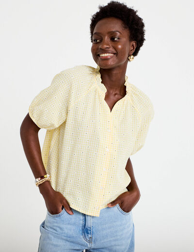 Blouse droite col v manches courtes jaune clair femme