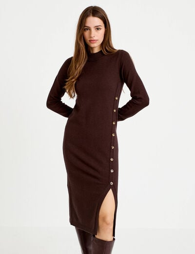 Robe pull ajust&eacute;e manches longues marron fonc&eacute; femme