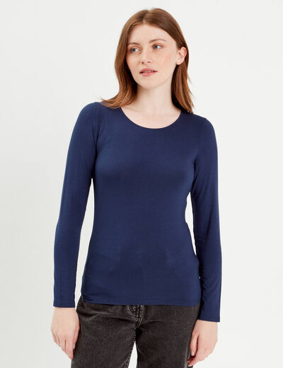 T-shirt uni à manches longues bleu foncé femme