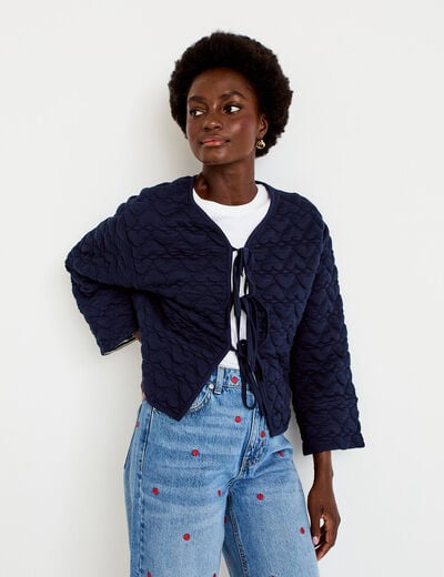 Gilet droit col v manches longues bleu marine femme