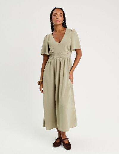 Robe longue évasée vert kaki femme