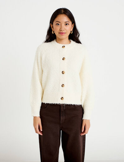 Gilet bouclette col rond manches longues ivoire femme