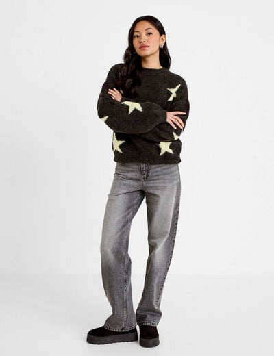 Pull oversize col rond manches longues gris fonc&eacute; femme