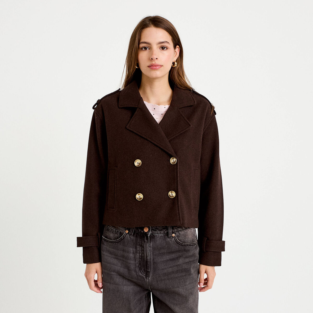 Trench court boutonn&eacute; marron fonc&eacute; femme