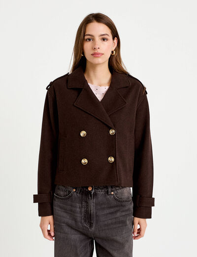 Trench court boutonn&eacute; marron fonc&eacute; femme