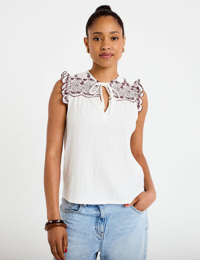 Blouse d&eacute;collet&eacute; sans manches brod&eacute;e rouge femme