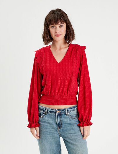 Blouse manches longues smockée rouge femme