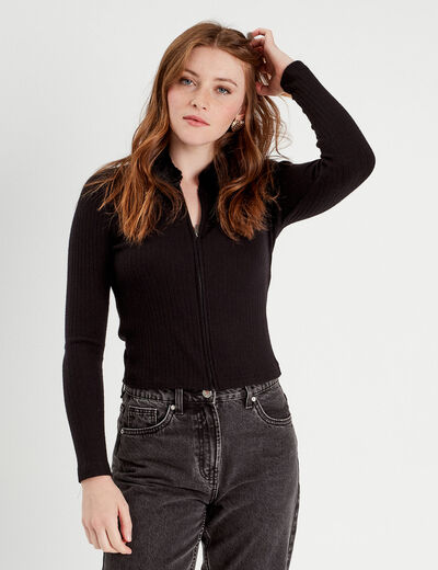 T-shirt col fausse fourrure noir femme
