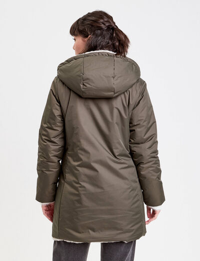 Parka réversible à capuche vert kaki femme