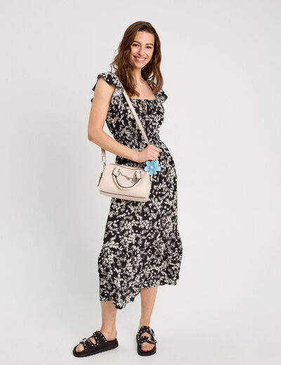 Robe longue évasée volants noir femme