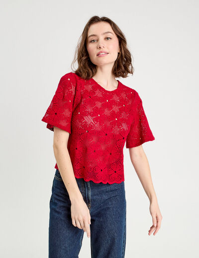 T-shirt dentelle macramé rouge femme