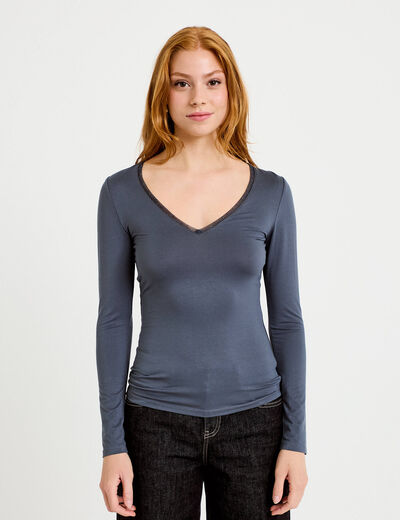 T-shirt thermique col en V plumetis gris femme