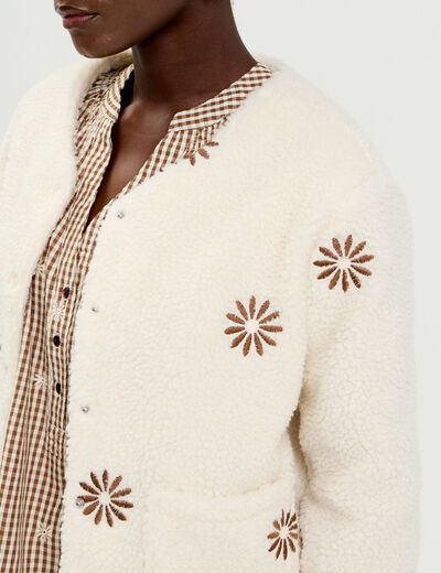 Gilet brod&eacute; effet polaire blanc femme