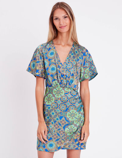 Robe droite drap&eacute;e satin bleu roi femme
