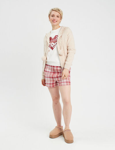 Gilet à capuche pompons beige femme