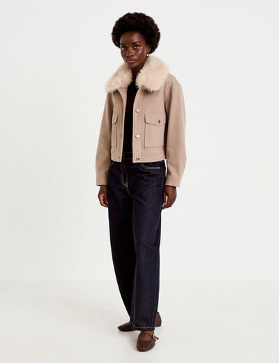 Veste droite cropped col tailleur taupe femme