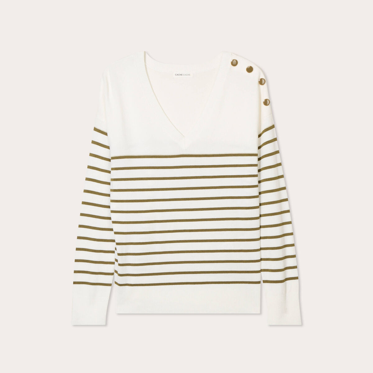 Pull manches longues col en V vert olive femme