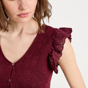 T-shirt manches volants prune femme