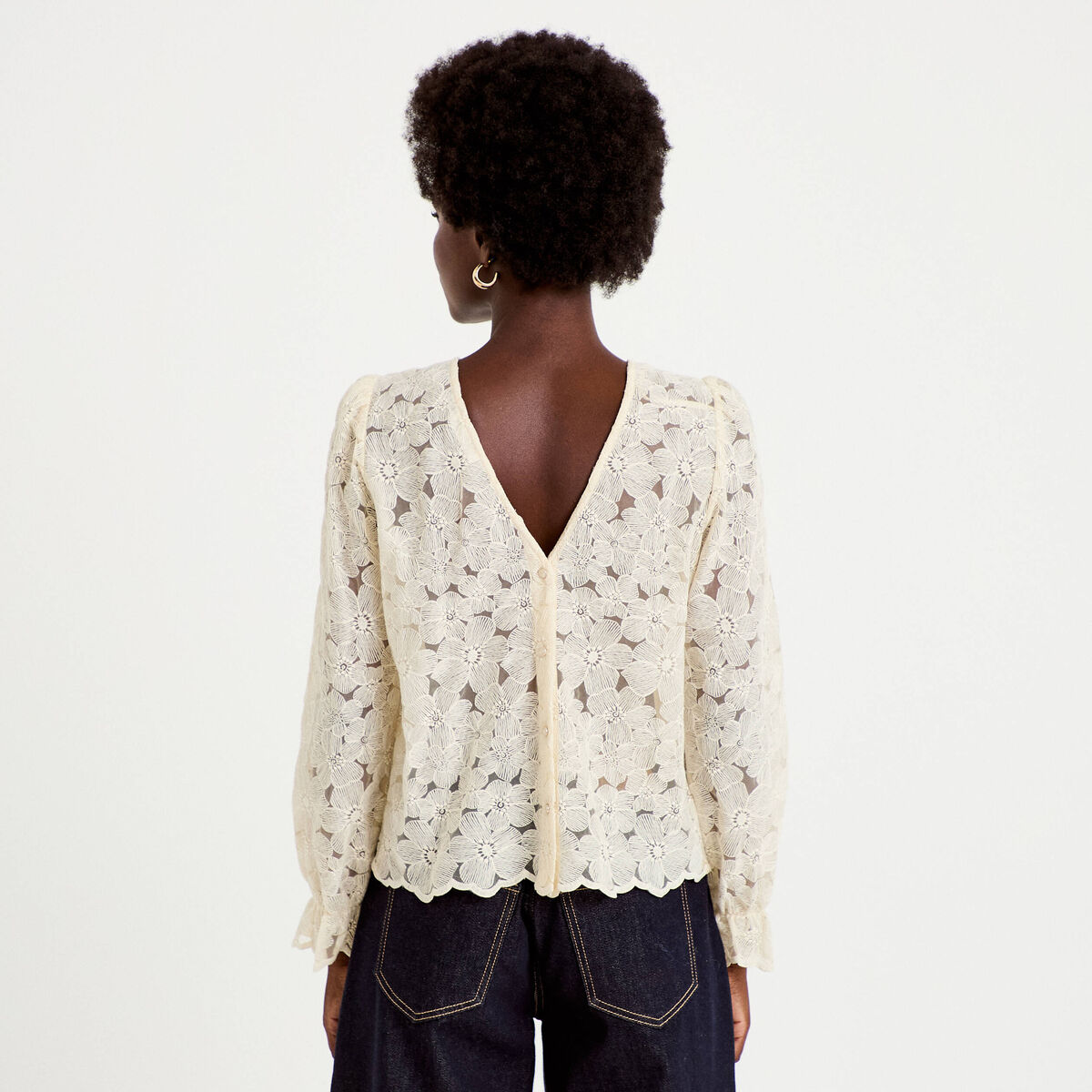 Blouse droite col v en dentelle ecru femme