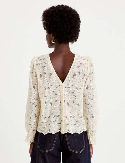 Blouse droite col v en dentelle ecru femme