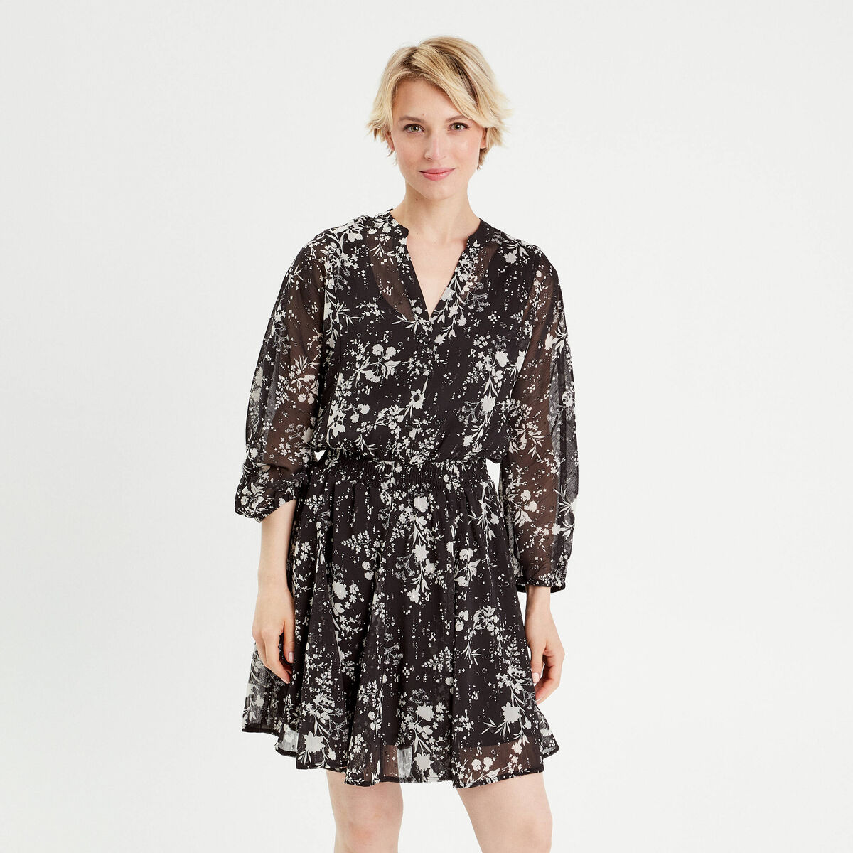 Robe évasée manches 3/4 noir femme