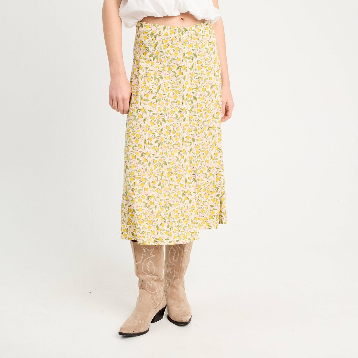 Jupe midi droite boutonnée blanc femme