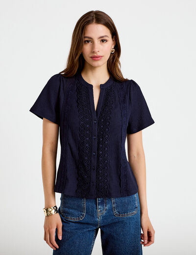 Blouse plastron brod&eacute; manches courtes bleu marine femme