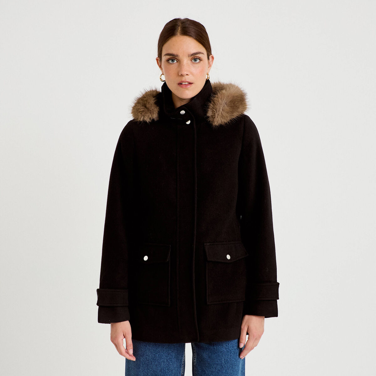 Manteau mi-long &agrave; capuche noir femme