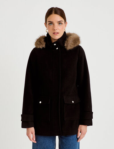 Manteau mi-long &agrave; capuche noir femme