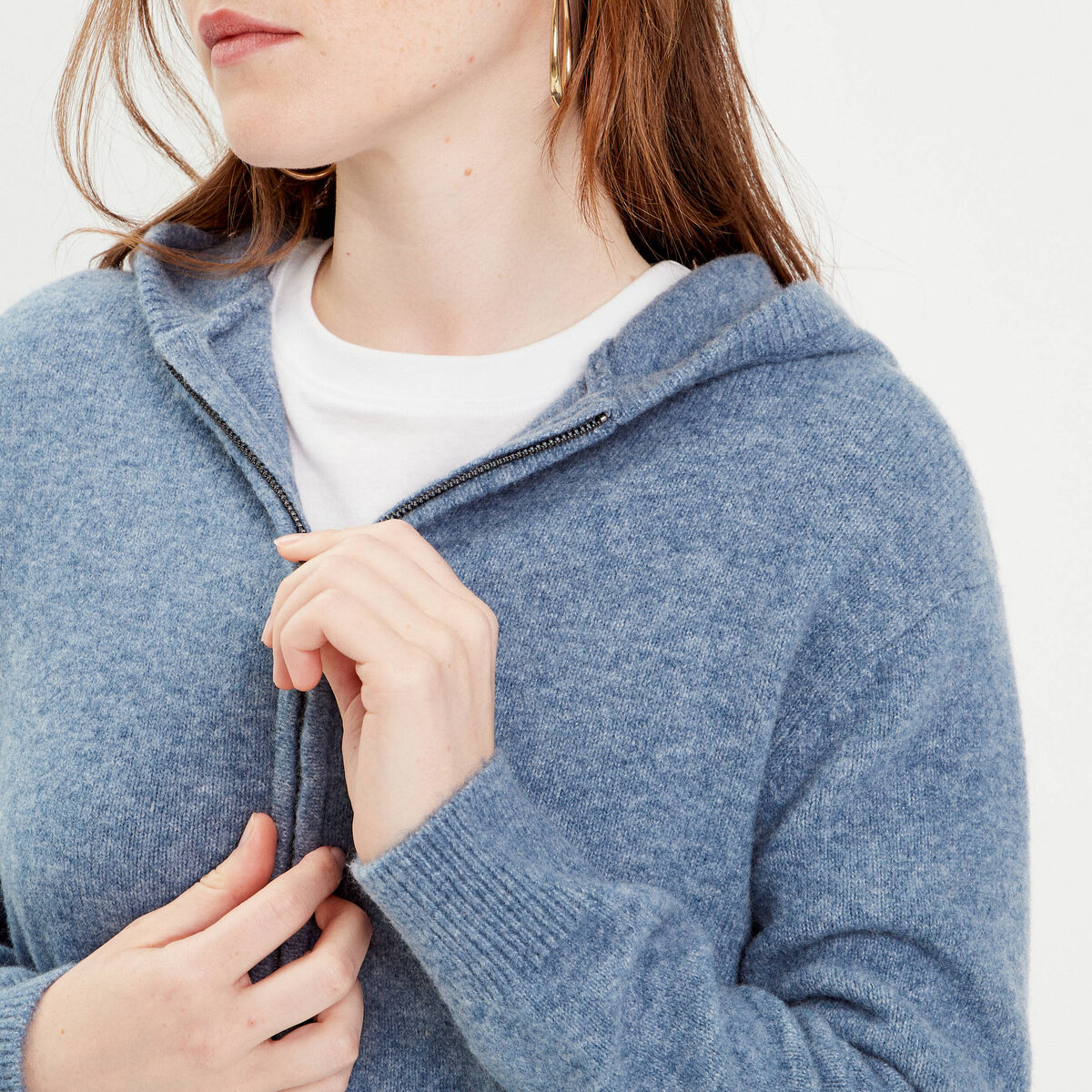 Gilet manches longues capuche bleu femme