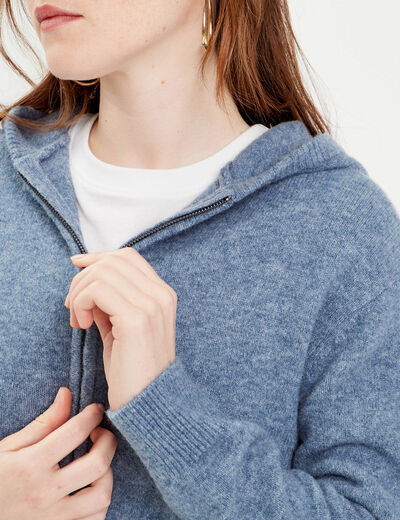 Gilet manches longues capuche bleu femme