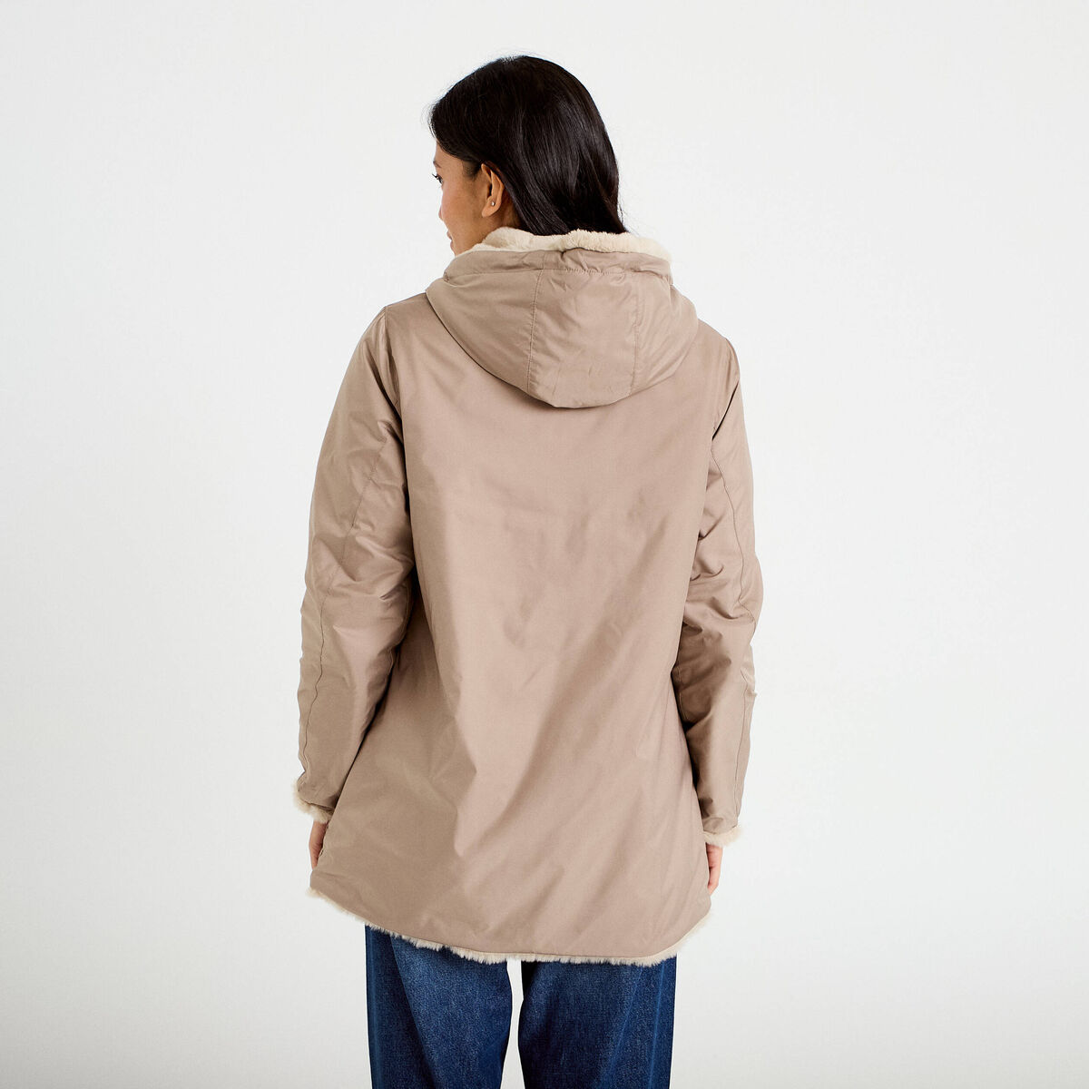 Parka r&eacute;versible 3/4 &agrave; capuche beige femme