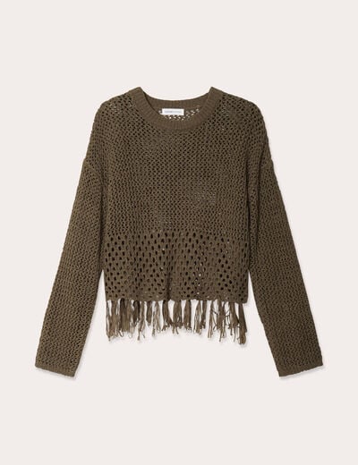Pull ajouré avec franges vert kaki femme