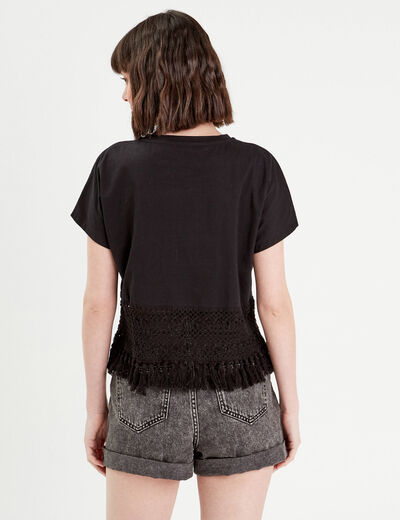 T-shirt franges crochet noir femme