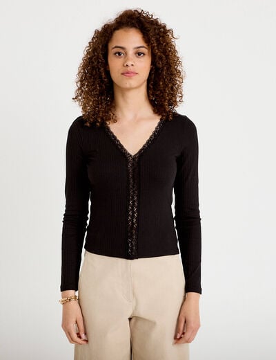 T-shirt ajust&eacute; dentelle manches longues noir femme