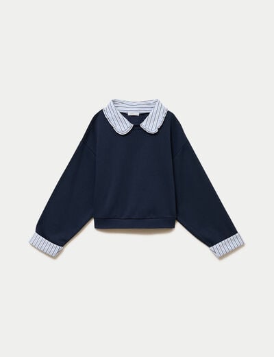 Sweat col chemise manches longues bleu marine femme