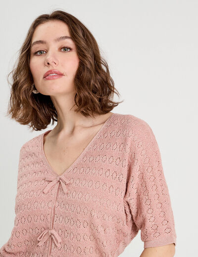 Pull ajouré manches 3/4 rose pastel femme