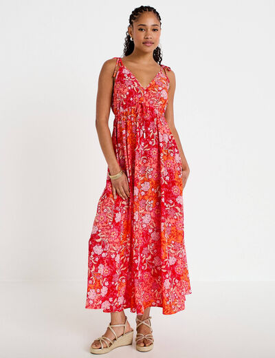 Robe longue &eacute;vas&eacute;e effet satin&eacute;e rouge femme