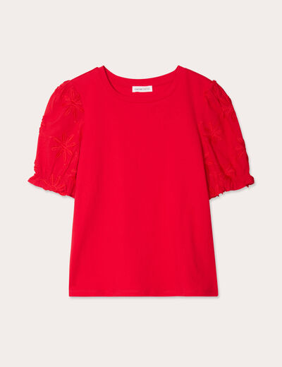 T-shirt manches brodées rouge femme